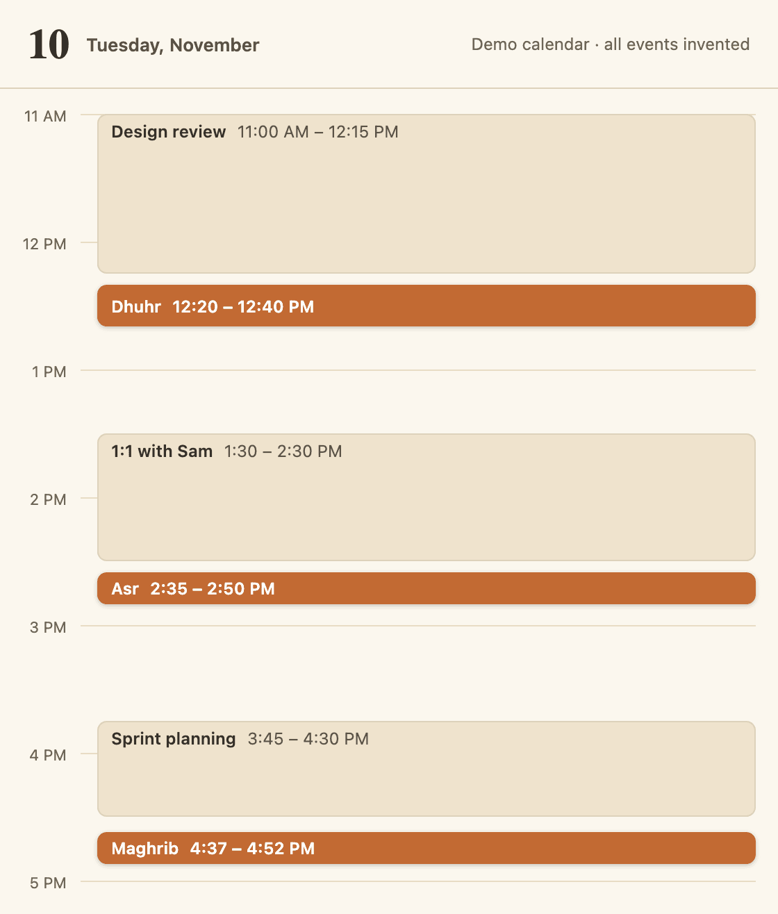 A demo workday afternoon in Chicago, Tuesday 10 November, in a calendar day view from 11 AM to 5 PM with three invented meetings. Sutrah's prayer blocks sit in the gaps: Dhuhr at 12:20 PM after Design review, which covered the start of its window at 11:39; Asr at 2:35 PM after a 1:1 that covered its start at 2:11; and Maghrib at sunset, 4:37 PM. Dashed marks and arrows show where each window opened and where the block moved to.